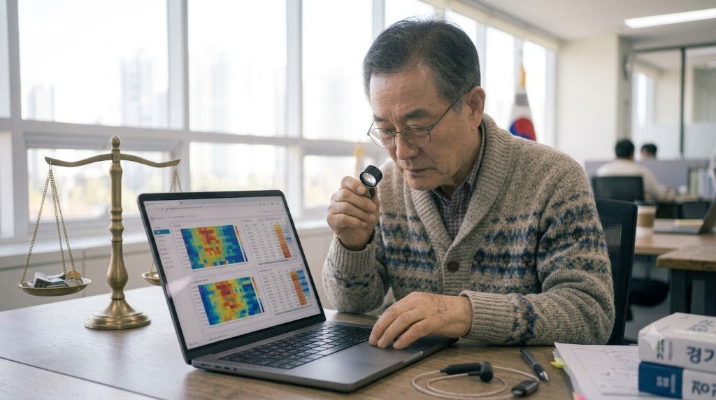 한국인 전문가가 돋보기를 들고 자동화 도구가 놓친 웹페이지의 세부 항목을 직접 확인하고 있는 실사 사진.