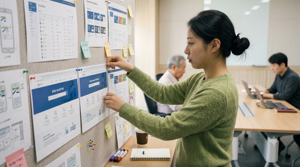 보드 위에 세 가지 국가 디자인시스템 출력물을 나란히 붙여 비교하고 있는 디자이너의 모습.