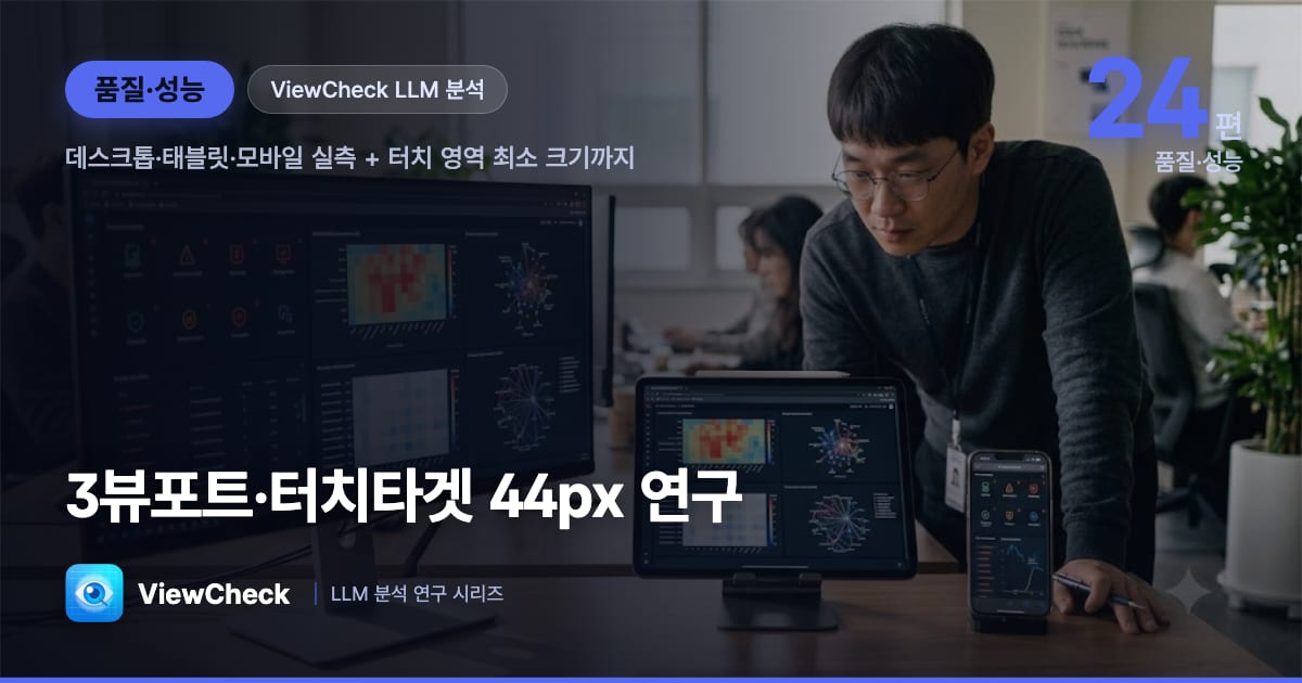반응형 품질 — 데스크톱·태블릿·모바일 3환경 실측과 터치타겟 44px 연구