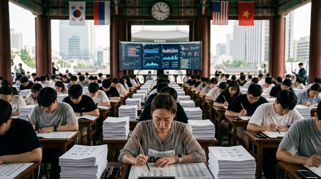 출발선에 나란히 선 주자들. 기관 간 순위 비교를 은유하는 역동적이고 사실적인 사진.