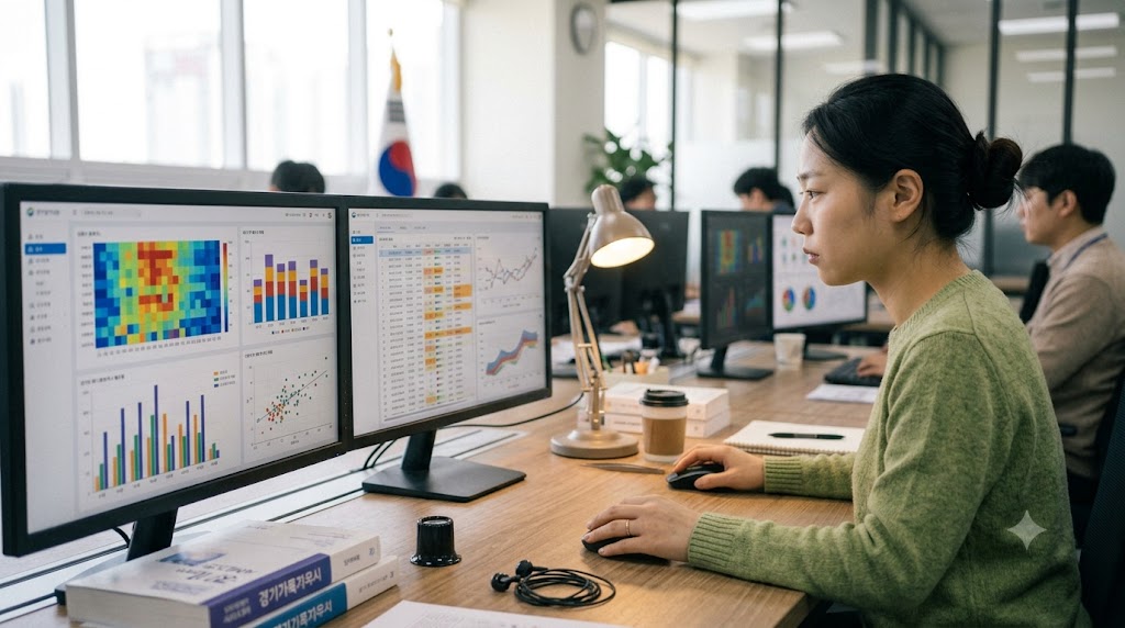현대적인 사무실에서 멀티 모니터 대시보드에 집중하고 있는 한국인 QA 엔지니어.