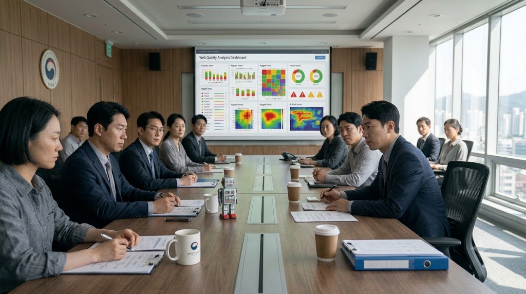 한국 공공기관 대형 회의실에서 여러 관계자들이 테이블 주위에 앉아 웹 품질 분석 대시보드가 표시된 프로젝터를 보며 회의하는 장면.
