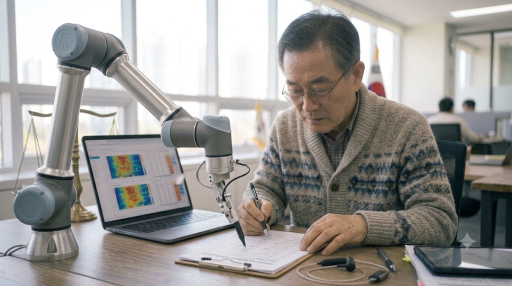 한국인 전문가와 자동화 설비가 책상 위에서 함께 체크리스트를 처리하는 실사 사진.