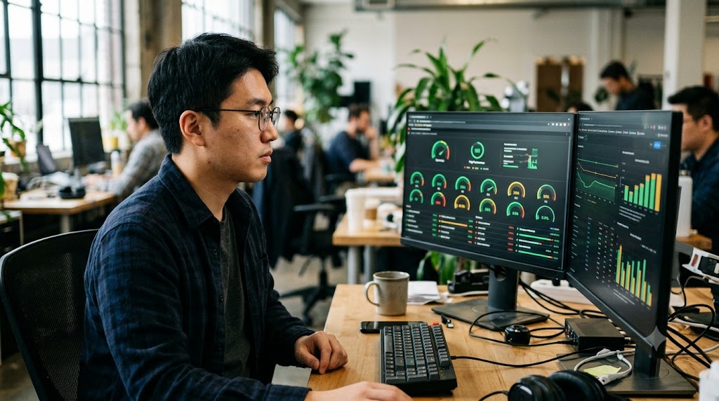 두 개의 모니터에 페이지 속도 게이지 대시보드를 띄워두고 집중해서 보는 한국인 개발자.