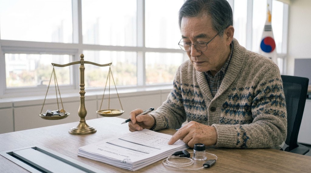 한국인 전문가가 차분하고 진지한 표정으로 컴플라이언스 위험 문서를 검토하는 모습.