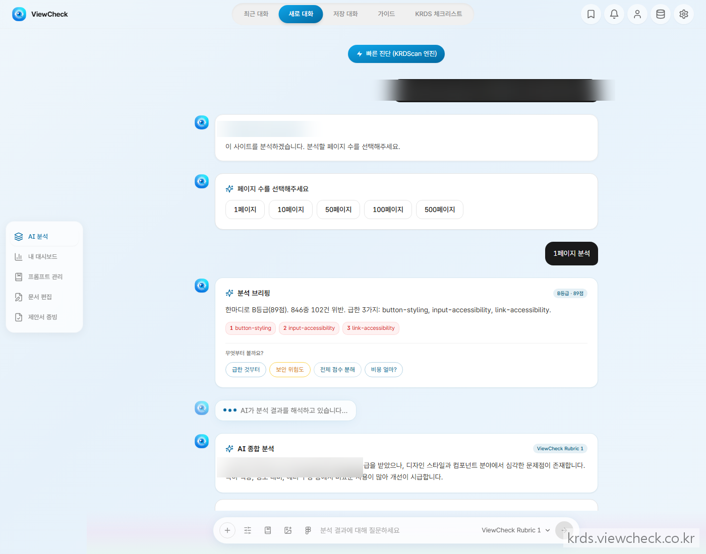 분석이 끝난 뒤 결과 화면 곁에서 LLM 분석과 대화하는 종합 화면. 왼쪽엔 그 사이트의 분석 결과(점수·위반 목록)가, 오른쪽엔 "이 위반이 왜 문제죠?" 같은 질문과 그에 대한 답이 오가는 대화창이 나란히 놓인 모습. 입력은 사람의 질문, 출력은 데이터에 근거한 답 (기관명·도메인 블러)