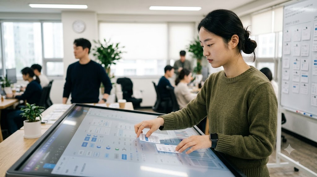 큰 터치스크린에서 컴포넌트를 드래그하는 한국인 디자이너의 모습.