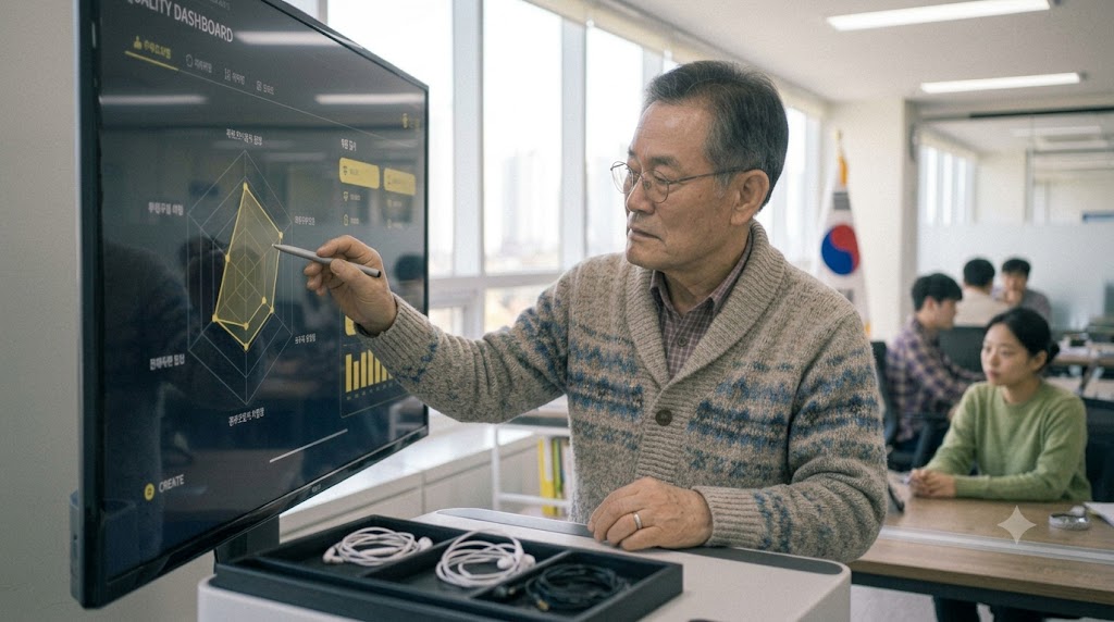 공공기관 사무실 대형 화면 앞에서 레이더 형태의 품질 대시보드를 검토하는 품질 담당자의 모습.