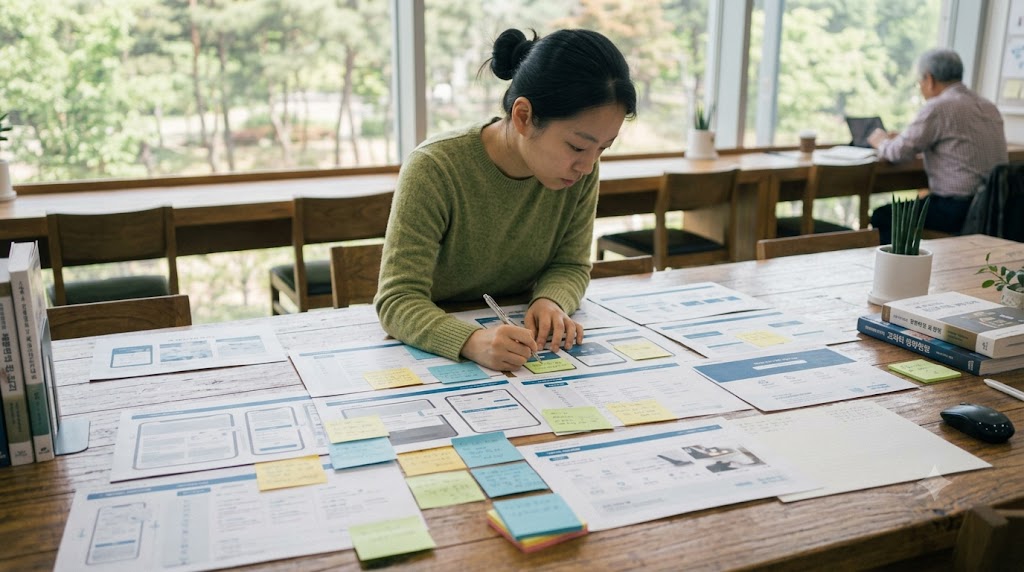 한국인이 여러 웹페이지 레이아웃을 그리드 형태로 펼쳐놓고 불일치점을 찾아보는 장면.