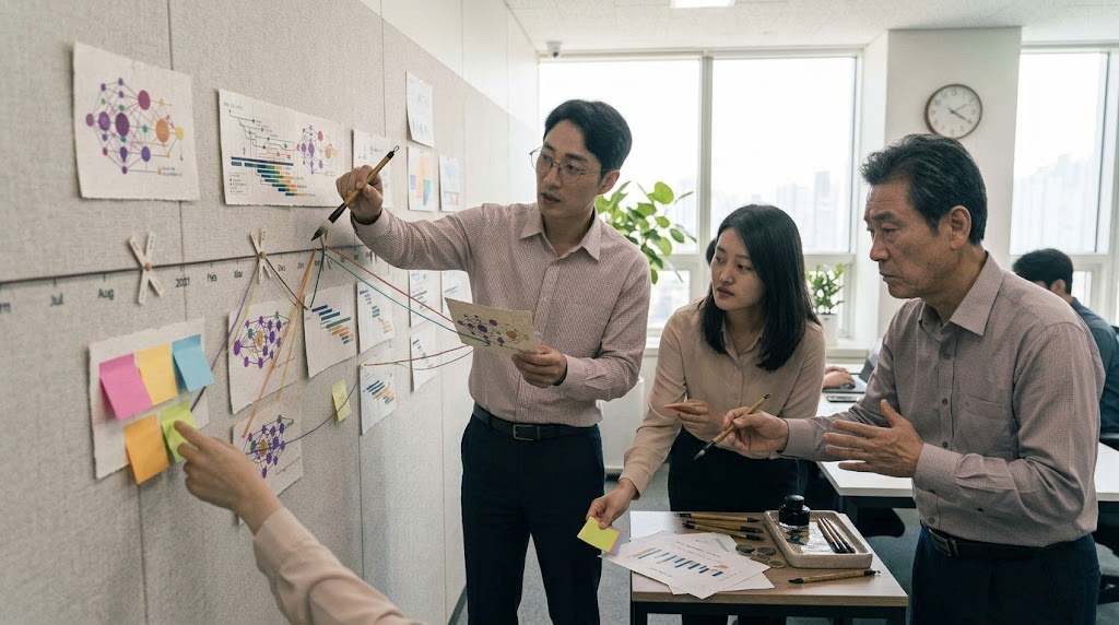 한국인 팀원들이 벽의 타임라인을 따라 단계별 카드를 배치하는 모습.