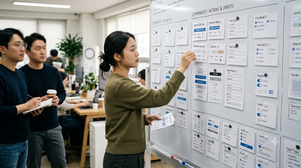 디자인 시스템 리뷰 중 버튼과 입력창 UI 컴포넌트 카드를 벽보드에 배열하는 한국인 디자이너.