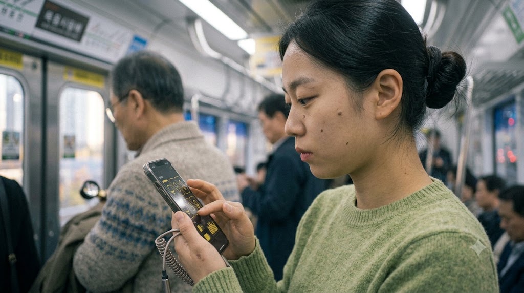 지하철 안에서 한국인 통근자가 한 손으로 스마트폰의 공공 서비스를 이용하는 모습.
