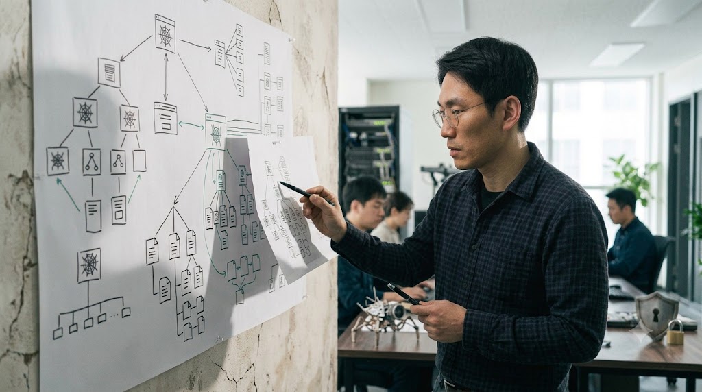벽에 핀으로 고정된 사이트맵 트리를 검토하는 SEO 전문가, 자연광, 얕은 피사계심도.
