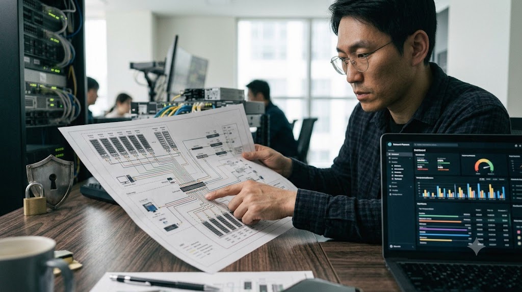 노트북 옆에서 인쇄된 사이트맵 다이어그램을 검토하며 계획을 세우는 사람의 모습, 자연광, 실사 사진.