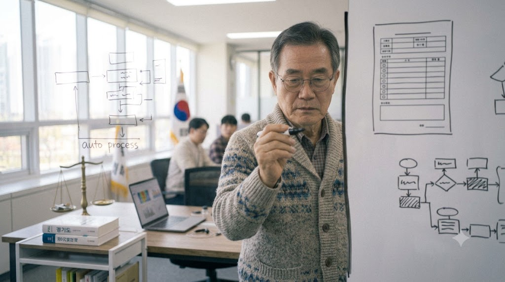 한국인 감사 전문가가 화이트보드에 자동화 구역과 수동 구역 사이의 경계선을 그리고 있는 실사 사진.