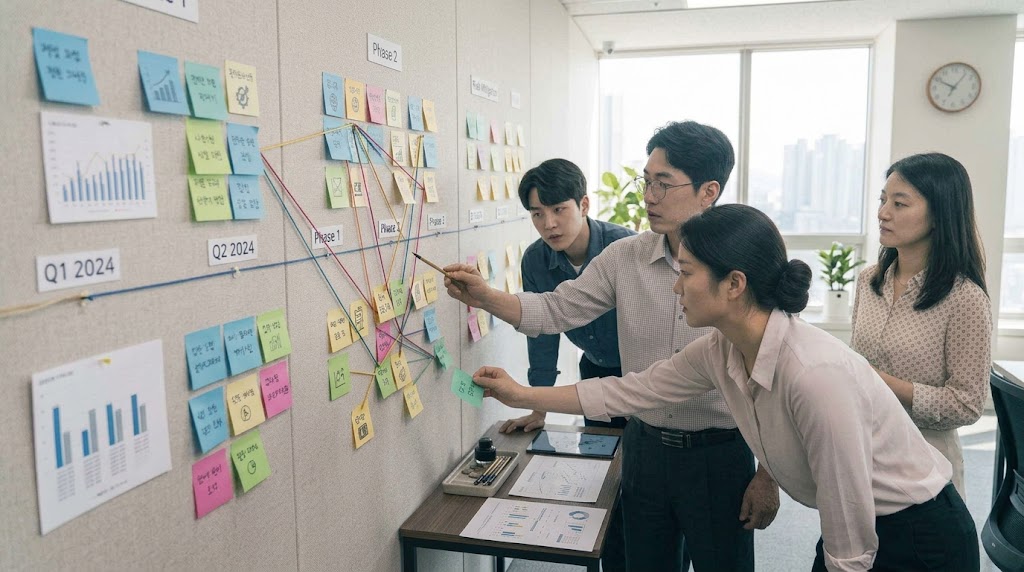 한국인 팀원들이 벽에 붙인 타임라인 위에 포스트잇으로 단계별 로드맵을 구성하는 모습.