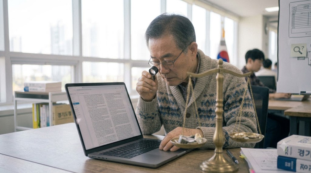 한국인 검토자가 자동화 스캔이 놓친 접근성 문제를 돋보기로 발견하는 실사 사진.