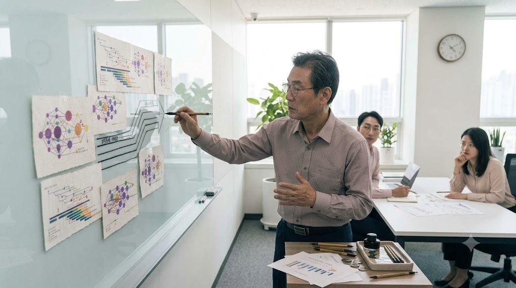 한국인 관리자가 화이트보드에 로드맵 화살표를 그리는 모습.